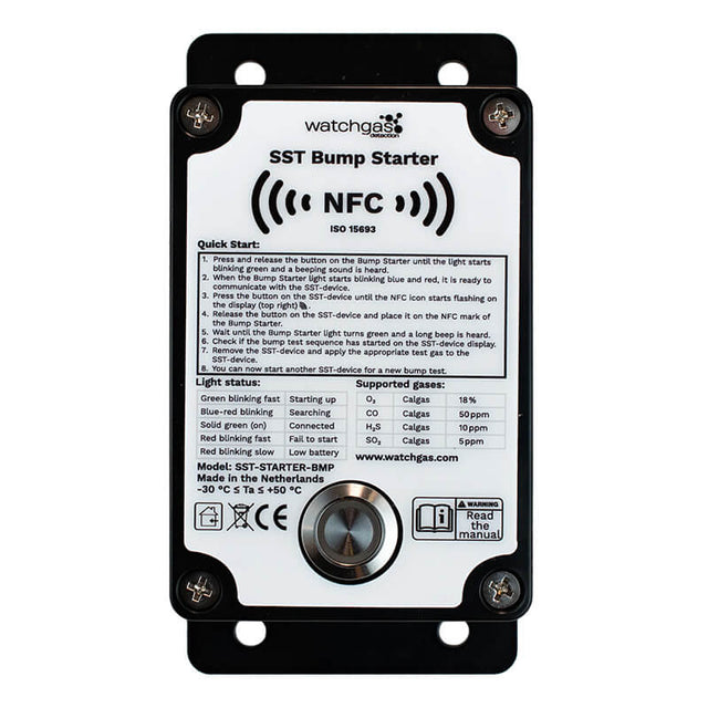 A rectangular device labeled “WatchGas SST1 Bump Test Starter SST1-BS” features a central button, indicator lights key, and a list of supported gas measurements to verify gas detector compliance. The front panel of this portable WatchGas safety tester also displays instructions and a QR code.