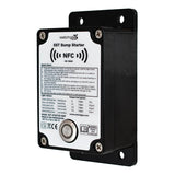 Black and white rectangular electronic device labeled “WatchGas SST1 Bump Test Starter SST1-BS” featuring the WatchGas brand, NFC symbol, mounting plate, buttons, indicator lights, quick start instructions, and technical details on its front panel—ideal as a portable safety tester or bump test starter for gas detector compliance.
