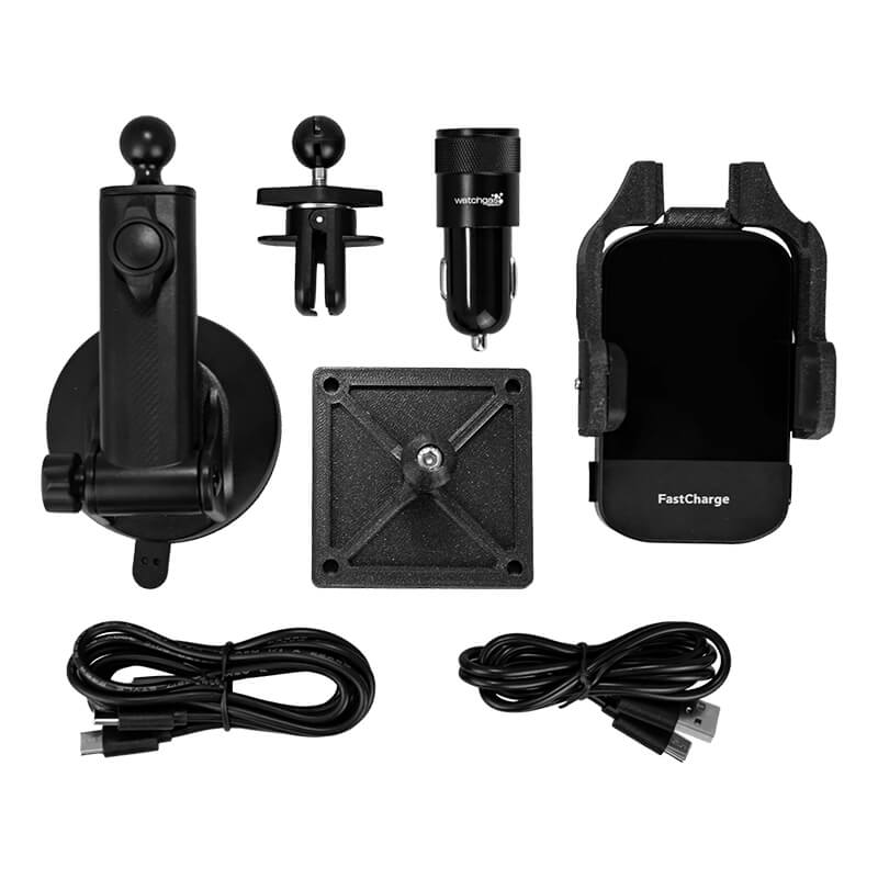 The WatchGas SST Range Wireless Car Charger SST-CAR-CHG by WatchGas includes a suction mount, vent clip, charging adapter, square plate, phone holder, and two USB cables—all neatly displayed on a white background.