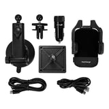 The WatchGas SST Range Wireless Car Charger SST-CAR-CHG by WatchGas includes a suction mount, vent clip, charging adapter, square plate, phone holder, and two USB cables—all neatly displayed on a white background.