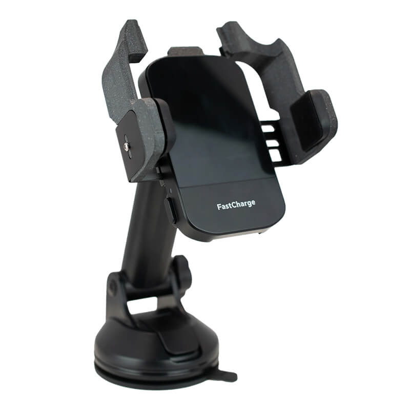 The WatchGas SST Range Wireless Car Charger SST-CAR-CHG by WatchGas is a black wireless car charger mount with adjustable side grips, a suction cup base, and Qi-certified "FastCharge" capability for convenient wireless charging on the go.