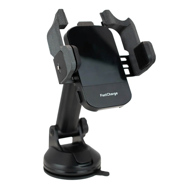 The WatchGas SST Range Wireless Car Charger SST-CAR-CHG by WatchGas is a black wireless car charger mount with adjustable side grips, a suction cup base, and Qi-certified "FastCharge" capability for convenient wireless charging on the go.