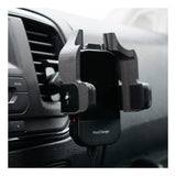 A WatchGas SST Range Wireless Car Charger SST-CAR-CHG by WatchGas holds a black smartphone in a car's air vent mount. "FastCharge" appears at the bottom, with a charging cable attached and the air vent visible in the background.