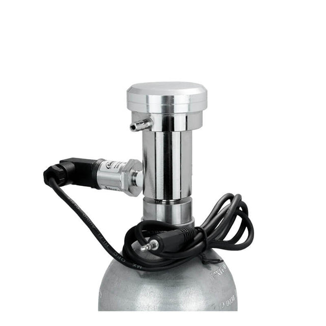 A close-up of a metal gas cylinder fitted with a WatchGas Demand Flow Regulator with Pressure Sensor Valve, and a coiled black power cable, set against a white background.