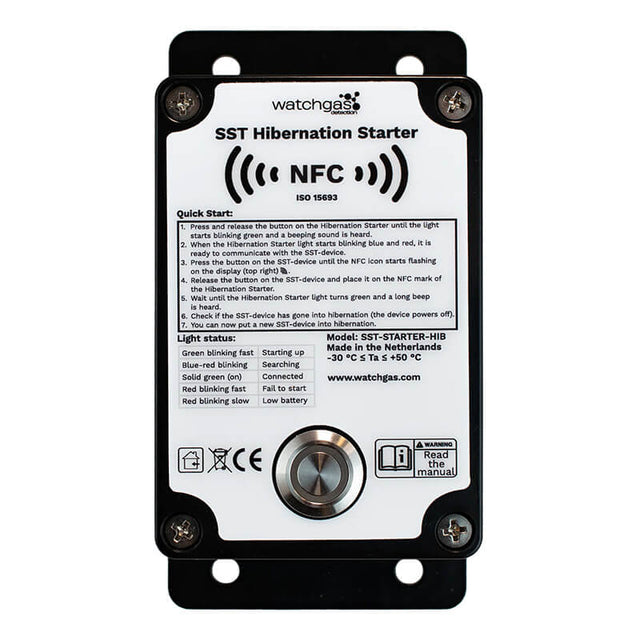 A close-up of the WatchGas SST1 Hybernation Starter SST1-HS device featuring an NFC symbol, quick start instructions, a light signal guide, and a metal button on the front panel—ideal for ensuring safety detector compliance tracking in industrial environments.