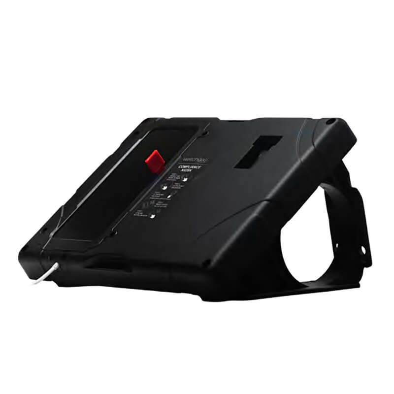 The WatchGas SST Kiosk SST-KIOSK by WatchGas is a black rugged tablet case with a built-in stand, shown angled for gas detector kiosk setups, featuring a visible red button, white charging cable, and back label.