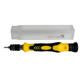 A yellow and black precision screwdriver with a hexagonal handle is displayed beneath a translucent plastic case labeled “watchgas.” This arrangement is included in the WatchGas SST4-PUMP Sampling & Charging Kit (SST4-PUMP-ACC), which also comes with multiple pump filter options for increased versatility.