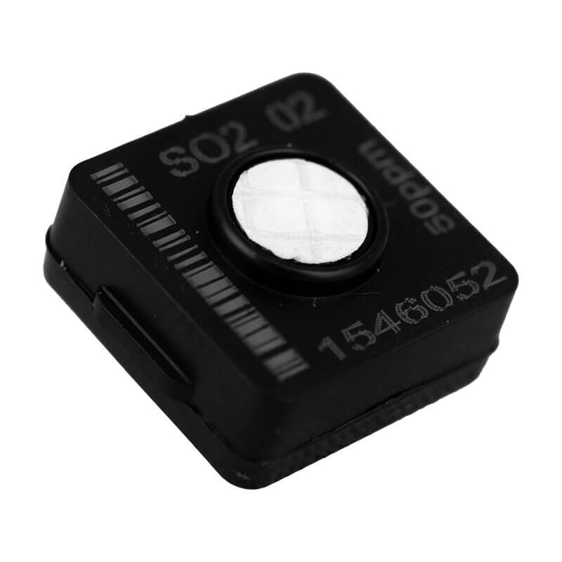 The WatchGas Replacement SO2 Sensor SST-S-RPL is a compact, black, square sensor with a white central grid and barcode—perfectly suited for WatchGas gas detector use.