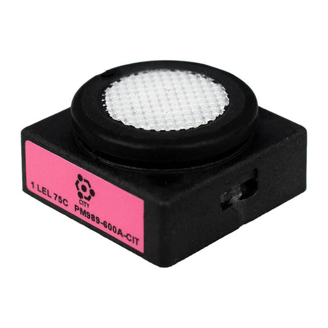 The WatchGas SST4-MINI is a compact black gas detector with a white mesh circular top and a pink label on the side showing device info and CAT LEL Sensor symbols.