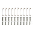 A pack of ten metal brackets and forty screws from the WatchGas SST Stainless Steel Lanyard Bar Kit (10/pack) by WatchGas, arranged neatly on a white background—ideal as accessories for gas detectors or for securing stainless steel lanyard bars.