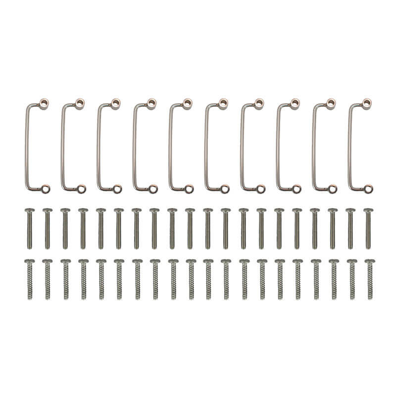 A pack of ten metal brackets and forty screws from the WatchGas SST Stainless Steel Lanyard Bar Kit (10/pack) by WatchGas, arranged neatly on a white background—ideal as accessories for gas detectors or for securing stainless steel lanyard bars.