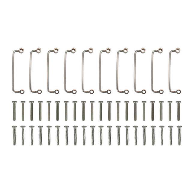 A pack of ten metal brackets and forty screws from the WatchGas SST Stainless Steel Lanyard Bar Kit (10/pack) by WatchGas, arranged neatly on a white background—ideal as accessories for gas detectors or for securing stainless steel lanyard bars.