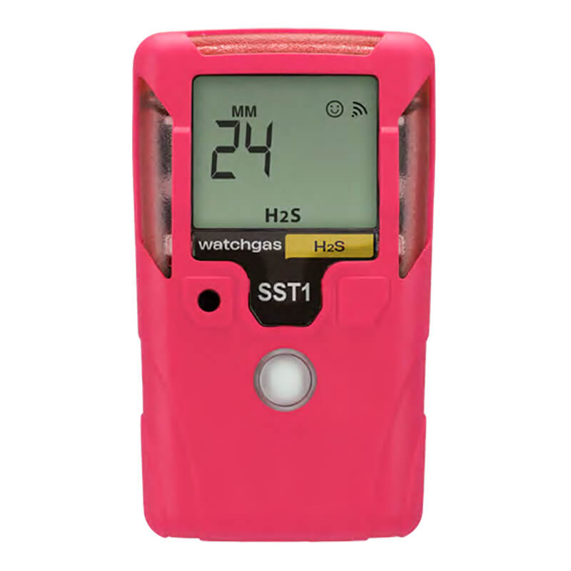 The WatchGas SST1 2 Year H2S Gas Detector - Pink SST1-H-24-P features a pink handheld design with a digital display reading “24 MM H2S,” is labeled “watchgas SST1,” and includes a yellow “H2S” button below the screen, ensuring continuous protection with reliable gas detection.