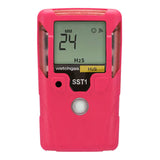 The WatchGas SST1 2 Year H2S Gas Detector - Pink SST1-H-24-P features a pink handheld design with a digital display reading “24 MM H2S,” is labeled “watchgas SST1,” and includes a yellow “H2S” button below the screen, ensuring continuous protection with reliable gas detection.