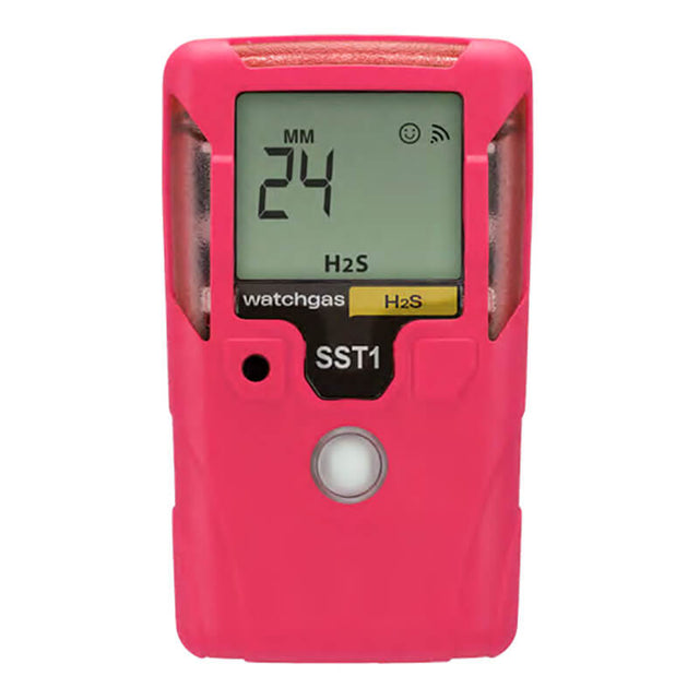 The WatchGas SST1 2 Year H2S Gas Detector - Pink SST1-H-24-P features a pink handheld design with a digital display reading “24 MM H2S,” is labeled “watchgas SST1,” and includes a yellow “H2S” button below the screen, ensuring continuous protection with reliable gas detection.