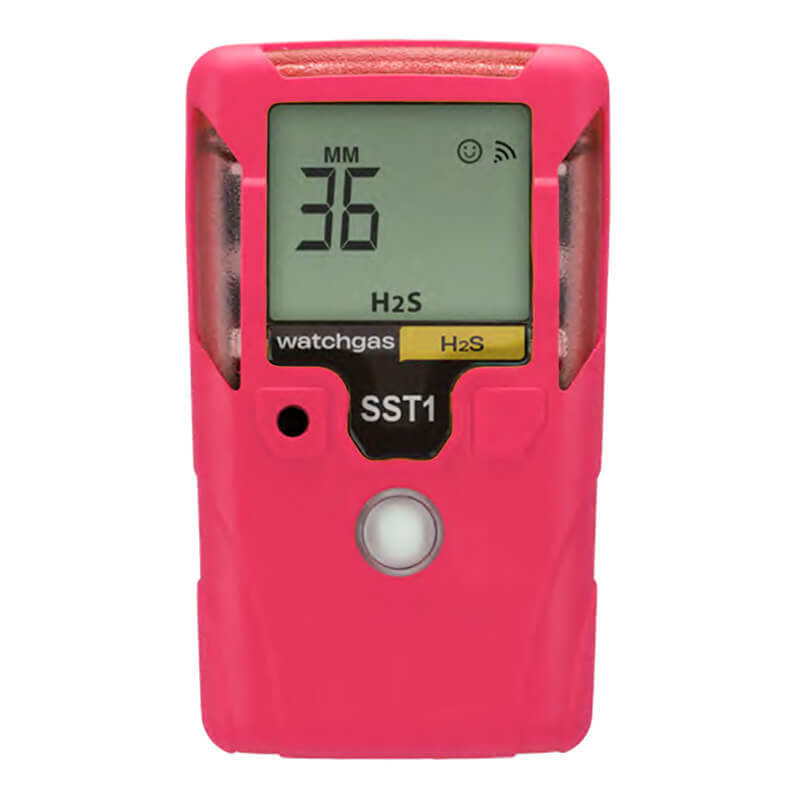 A WatchGas SST1 3 Year H2S Gas Detector (model SST1-H-36-P) in pink, featuring a digital display showing “36 MM” and “H2S.” The device includes a button below the screen and is clearly labeled “watchgas SST1 H2S.” This maintenance-free detector from WatchGas provides dependable, portable hydrogen sulfide monitoring for up to three years.