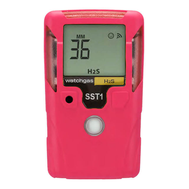A WatchGas SST1 3 Year H2S Gas Detector (model SST1-H-36-P) in pink, featuring a digital display showing “36 MM” and “H2S.” The device includes a button below the screen and is clearly labeled “watchgas SST1 H2S.” This maintenance-free detector from WatchGas provides dependable, portable hydrogen sulfide monitoring for up to three years.
