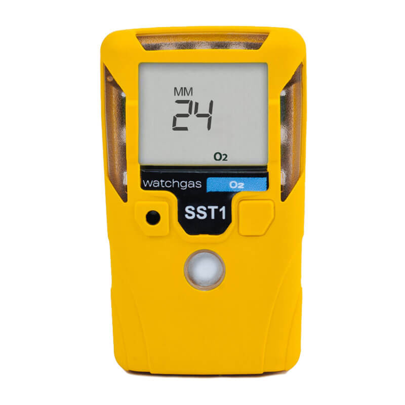 A yellow WatchGas SST1 2 Year O2 Gas Detector (SST1-O-24) displays "24" on its digital screen, with labeled buttons and the brand name "WatchGas," emphasizing its function as a portable oxygen level monitor.