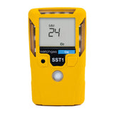 A yellow WatchGas SST1 2 Year O2 Gas Detector (SST1-O-24) displays "24" on its digital screen, with labeled buttons and the brand name "WatchGas," emphasizing its function as a portable oxygen level monitor.