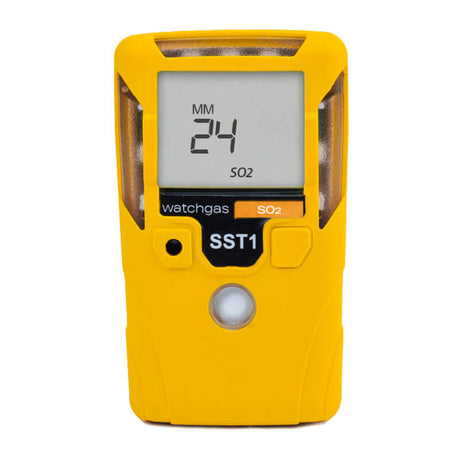 The WatchGas SST1 2 Year SO2 Gas Detector (SST1-S-24) is a yellow, maintenance-free personal gas monitor with a digital display ("24 MM", "SO2"), a large circular button below the screen, and clear "WatchGas" and "SST1" labels.