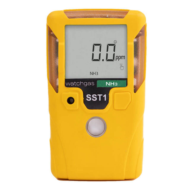 The WatchGas SST1 Serviceable NH3 Gas Detector SST1-A is a yellow detector with a digital display showing "0.0 ppm" and "NH3" for ammonia detection, labeled buttons, and a screen displaying "watchgas" and "SST1.
