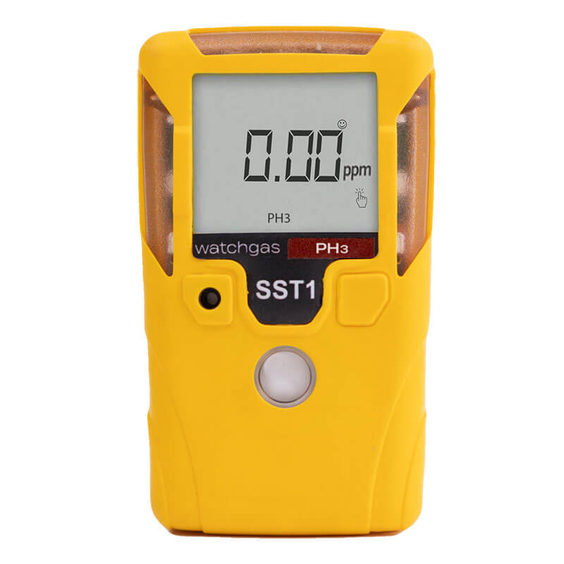 The WatchGas SST1 Serviceable PH3 Gas Detector SST1-P is a yellow handheld device with a digital display showing "0.00 ppm," a solid polymer sensor, and a circular button below the screen.