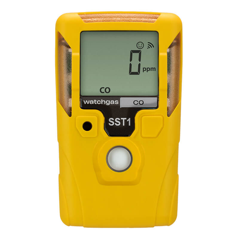 A yellow handheld WatchGas SST1E Serviceable CO Gas Detector (MINI) SST1E-M features a digital display reading "0 ppm," labeled with "watchgas" and "SST1," and has a circular button below the screen. This industrial detector from WatchGas delivers reliable, real-time carbon monoxide monitoring for enhanced workplace safety.