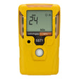 A yellow handheld WatchGas SST1E 2 Year SO₂ Gas Detector (MINI) SST1E-S-24 displays "24" and "SO₂" on its screen, indicating sulfur dioxide levels. The device features the brand "WatchGas" and model "SST1E," along with a prominent white sensor button below the display, ensuring reliable gas detector maintenance with its advanced electrochemical sensor.