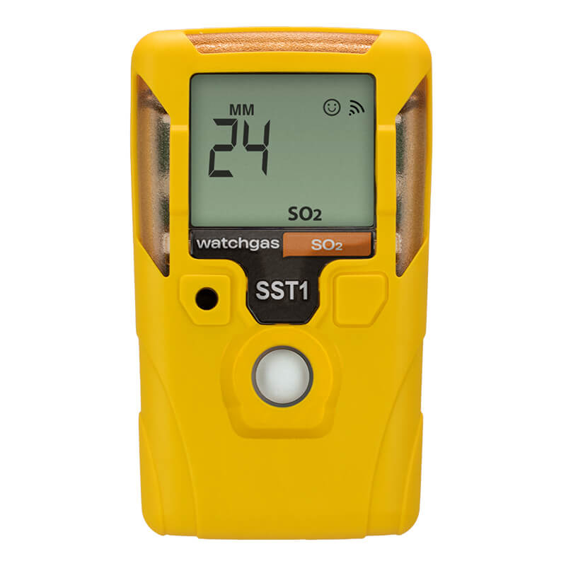 A yellow handheld WatchGas SST1E 2 Year SO₂ Gas Detector (MINI) SST1E-S-24 displays "24" and "SO₂" on its screen, indicating sulfur dioxide levels. The device features the brand "WatchGas" and model "SST1E," along with a prominent white sensor button below the display, ensuring reliable gas detector maintenance with its advanced electrochemical sensor.
