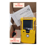 A WatchGas SST1 Serviceable CH4S Gas Detector SST1-MM in yellow with a digital screen is shown in its box, with a user manual behind it and a black calibration cap (circled in red) to the left. Uses solid polymer sensor technology.