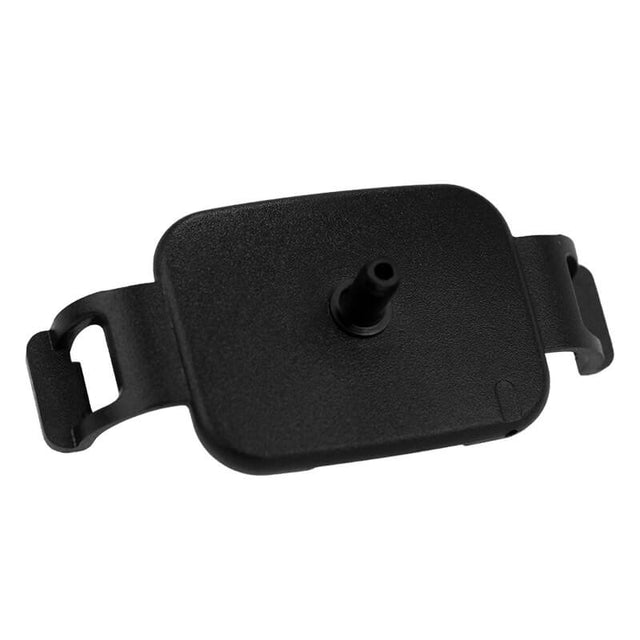 A black, rectangular plastic connector from WatchGas, the SST4 MICRO Calibration Cap (model SST4-MICRO-CALCAP), featuring a central nozzle and two side clips, designed for precise gas detector calibration or hose attachment in automotive or appliance applications; available in packs of 10.