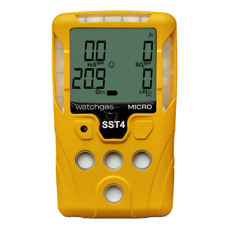 The WatchGas SST4-MICRO Diffusion 4-Gas Detector is a yellow handheld device with a digital display and four circular buttons, monitoring H₂S, O₂, SO₂, and LEL levels for easy gas safety. Brand: WatchGas.