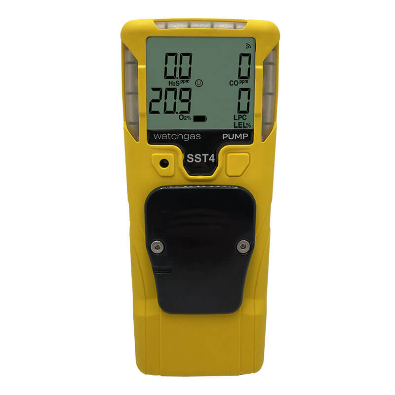 The WatchGas SST4-PUMP 4-Gas Detector by WatchGas is a yellow handheld device with a digital screen that detects H₂S, CO, O₂, and LEL. It features front buttons and a black panel for simple operation.