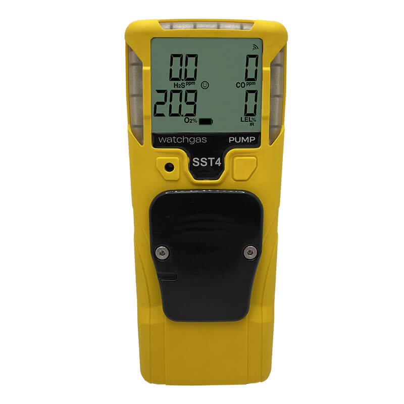 The WatchGas SST4-PUMP is a yellow handheld 4-gas detector with a digital screen for H2S, O2, CO, and LEL readings and features a black front compartment.