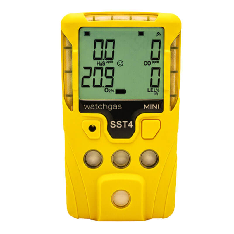The WatchGas SST4 MINI Diffusion Bundle is a yellow handheld four-gas detector with a digital display for H2S, O2, CO, and LEL. Designed for confined spaces, it features four round buttons and is branded by WatchGas.