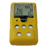 The WatchGas SST5 Diffusion 5-Gas Detector LPC/O2/CO/H2S/Exotic by WatchGas is a yellow handheld industrial gas detector featuring a digital display for gas readings, including H₂S, CO, and O₂ levels. This advanced device provides reliable multi-gas monitoring for safety in demanding environments.