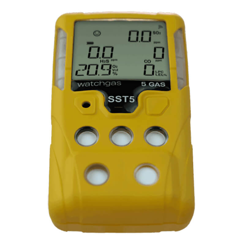 A yellow handheld WatchGas SST5 Diffusion 5-Gas Detector (LPC/O2/CO/H2S/SO2) features a digital display showing real-time gas concentration levels. Four circular sensor ports are located below the screen, making this portable device an essential tool from WatchGas for workplace safety and effective detection of multiple gases.
