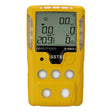 A yellow WatchGas SST5 Diffusion 5-Gas Detector LPC/O2/CO/H2S/Exotic by WatchGas features a digital display with gas detection readings and four round buttons below the screen, providing reliable industrial monitoring to ensure accurate results and enhanced workplace safety.