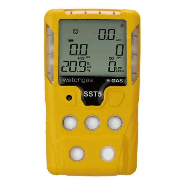 A yellow WatchGas SST5 Diffusion 5-Gas Detector LPC/O2/CO/H2S/Exotic by WatchGas features a digital display with gas detection readings and four round buttons below the screen, providing reliable industrial monitoring to ensure accurate results and enhanced workplace safety.
