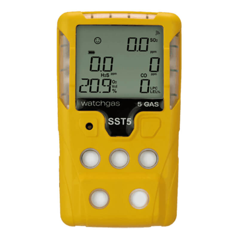 The WatchGas SST5 Diffusion 5-Gas Detector LPC/O2/CO/H2S/SO2 by WatchGas is a yellow handheld device featuring a digital display for gas readings and four white buttons below the screen, making it an essential tool for reliable workplace safety and gas detection.