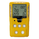 The WatchGas SST5 Diffusion 5-Gas Detector LPC/O2/CO/H2S/SO2 by WatchGas is a yellow handheld device featuring a digital display for gas readings and four white buttons below the screen, making it an essential tool for reliable workplace safety and gas detection.