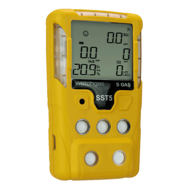 A handheld yellow WatchGas SST5 Diffusion 5-Gas Detector (LPC/O2/CO/H2S/SO2) with a digital display showing real-time gas levels. Designed for workplace safety, it features four round control buttons and is clearly labeled with the brand name “WatchGas” and model “SST5 5 GAS.”.