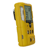 The WatchGas SST5 Diffusion 5-Gas Detector LPC/O2/CO/H2S/Exotic, from WatchGas, is a yellow portable gas detector equipped with a digital display for accurate gas readings. Its design includes buttons located below the screen and a side clip, making it easy to attach to clothing or gear.