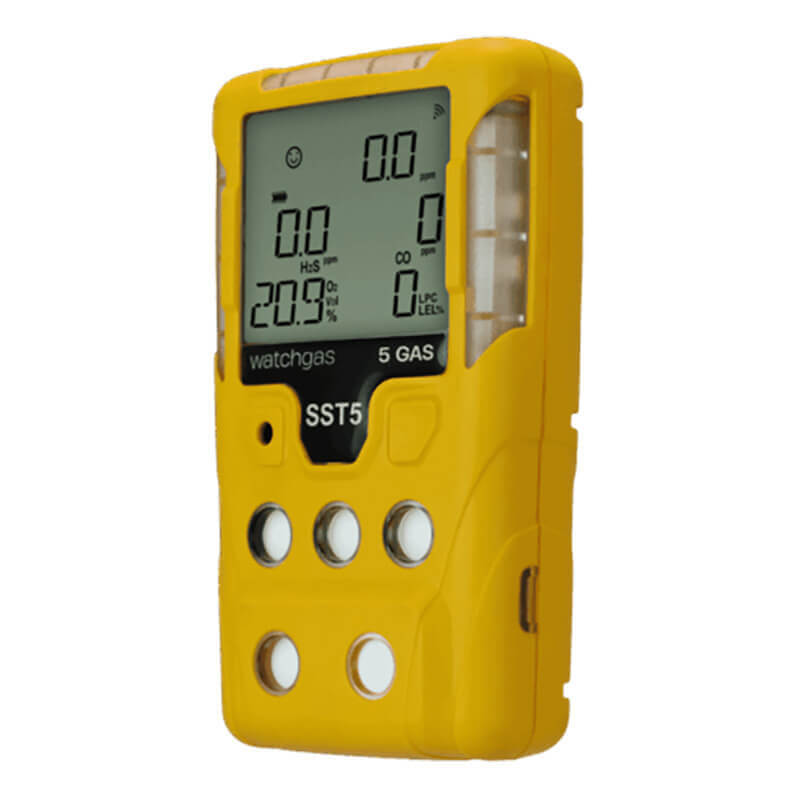 A yellow handheld WatchGas SST5 Diffusion 5-Gas Detector (LPC/O2/CO/H2S/Exotic) features a digital display for gas levels and several buttons below the screen, making it easy to detect multiple gases.
