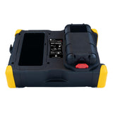 The WatchGas Docking Station with Hard Case SST-DOCK-KIT is a black and yellow rectangular calibration station for gas detectors, featuring a left-side screen, right covered compartment with red latch, and yellow corner protectors.