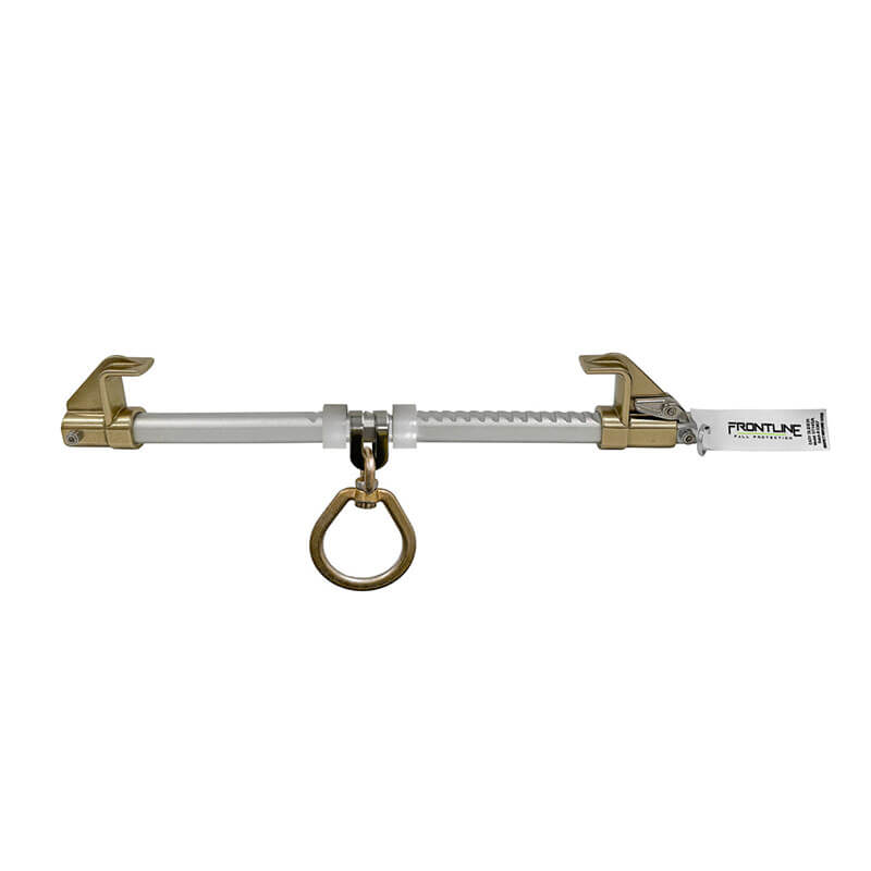 The Frontline Fall Protection Easy Slider Beam Walker Anchor fits 3.5"-14" I-beams and features gold-colored end clamps, a central D-ring, and a white safety tag on the right side for secure, reusable jobsite fall protection.