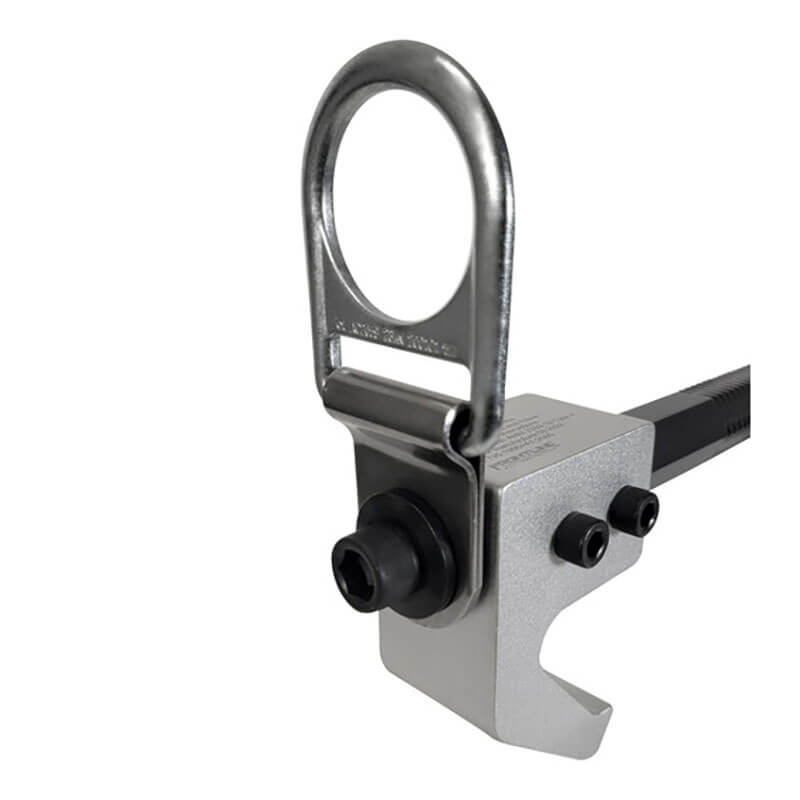 The Frontline Aluminum 18" Vertical Fixed Beam Anchor ST18AV by Frontline Fall Protection features a large D-ring swivel and clamp for secure attachment to structural beams, ensuring reliable fall protection for construction or maintenance work.