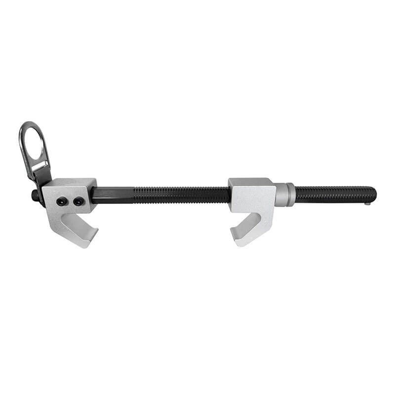 The Frontline Aluminum 18" Vertical Fixed Beam Anchor ST18AV by Frontline Fall Protection features two adjustable jaws and a looped handle, designed for secure object holding, and is shown against a plain white background.