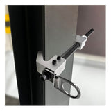 A close-up of the Frontline Aluminum 18" Vertical Fixed Beam Anchor ST18AV by Frontline Fall Protection shows its metal clamp, bolts, handle, and D-ring swivel secured to a beam. The blurred background highlights its safety anchoring function.