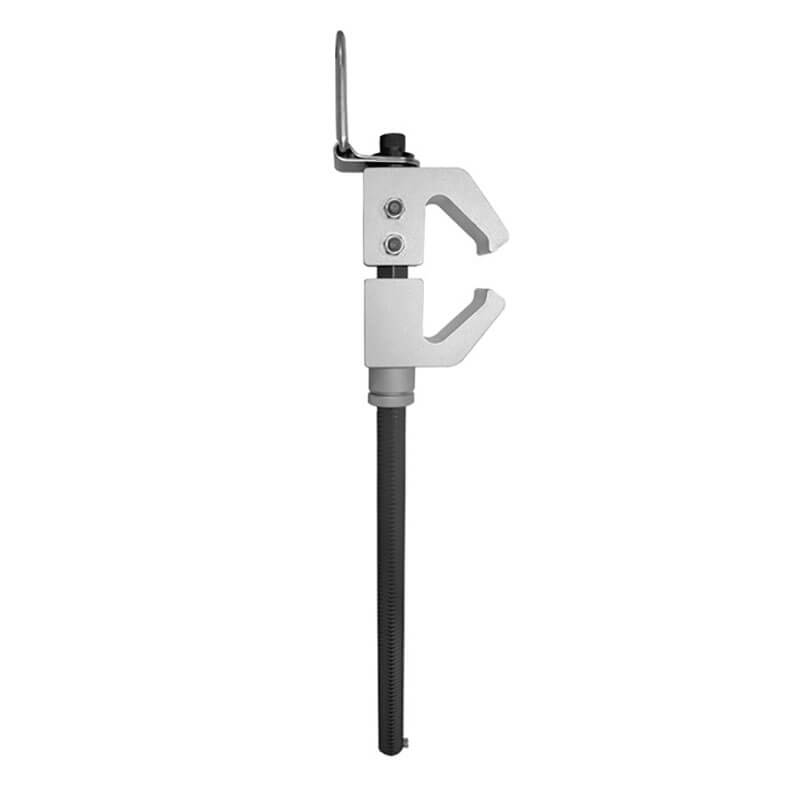The Frontline Aluminum 18" Vertical Fixed Beam Anchor ST18AV from Frontline Fall Protection features an adjustable jaw, threaded rod handle, and hook-like upper with flat lower section for secure gripping—ideal as a vertical fixed beam anchor.